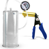 Ultima Brass Blue Silicone Grip, Clear Hose | Penis Pump + Protected Gauge | 9" x 4.10" Cylinder