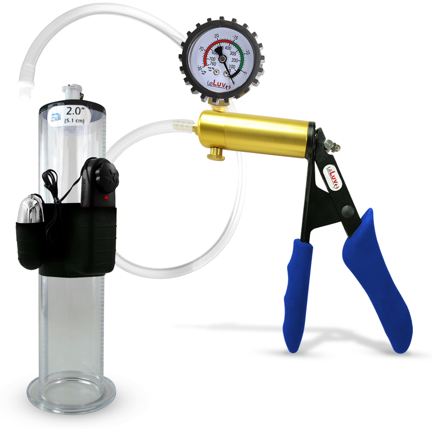 LeLuv® Brass Ultima Penis Pump - Blue  Silicone Grips, Clear Hose with Wide Flange Cylinders