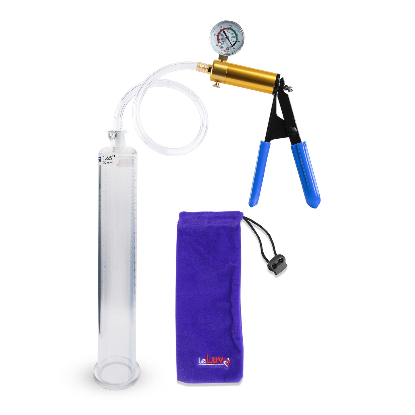 Ultima Brass Blue Rubber Grip, Clear Hose | Penis Pump + Gauge | 12" x 1.65" Cylinder 