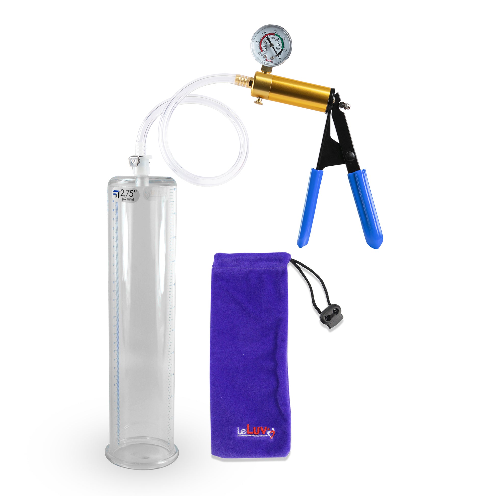 Ultima Brass Blue Rubber Grip, Clear Hose | Penis Pump + Gauge | 12" x 2.75" Cylinder