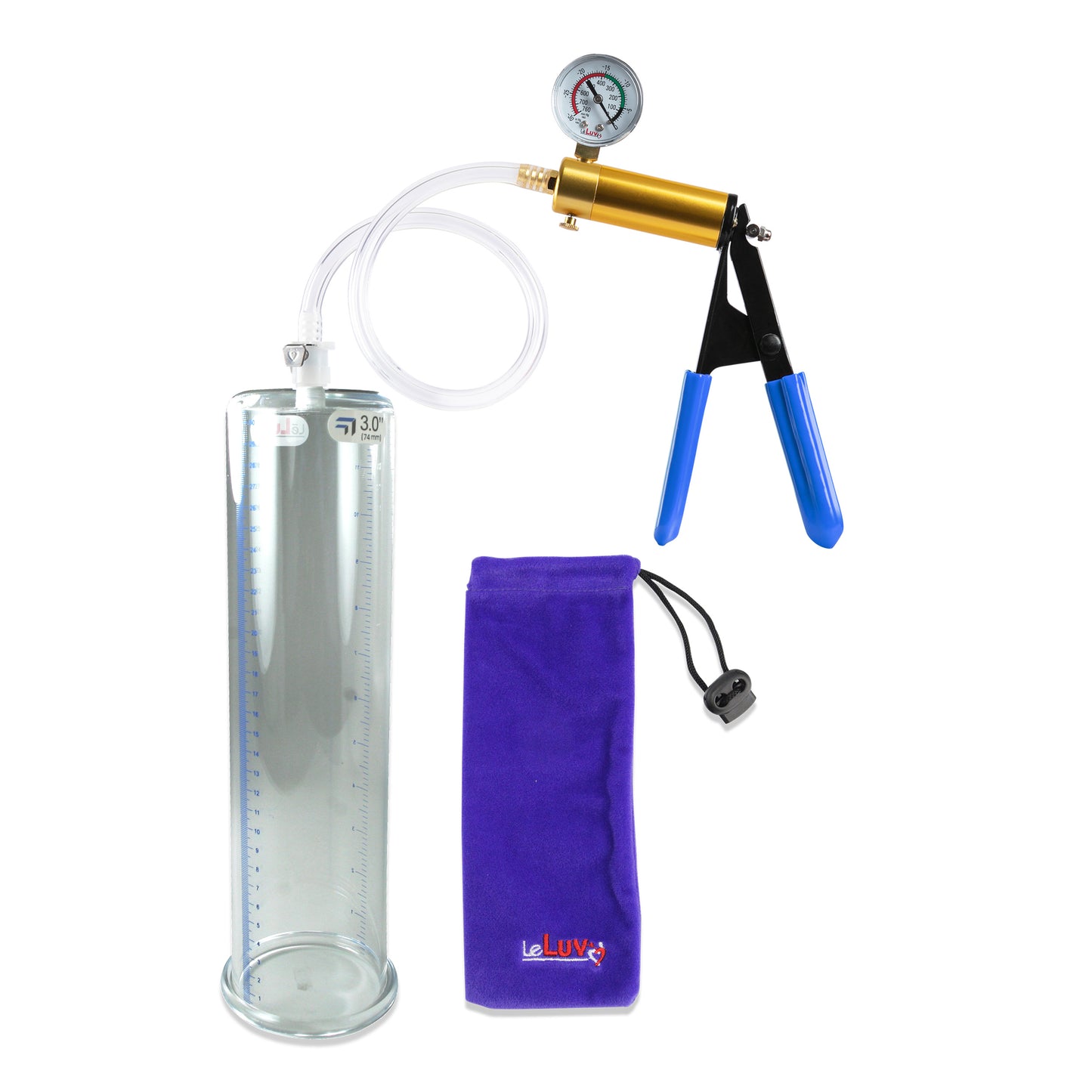 Ultima Brass Blue Rubber Grip, Clear Hose | Penis Pump + Gauge | 12" x 3.00" Cylinder