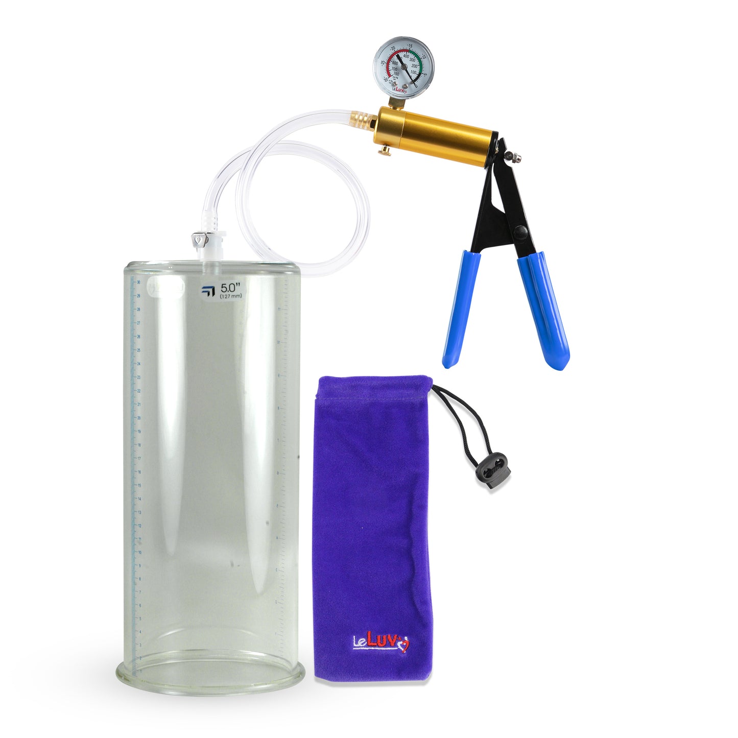 Ultima Brass Blue Rubber Grip, Clear Hose | Penis Pump + Gauge | 12" x 5.00" Cylinder 