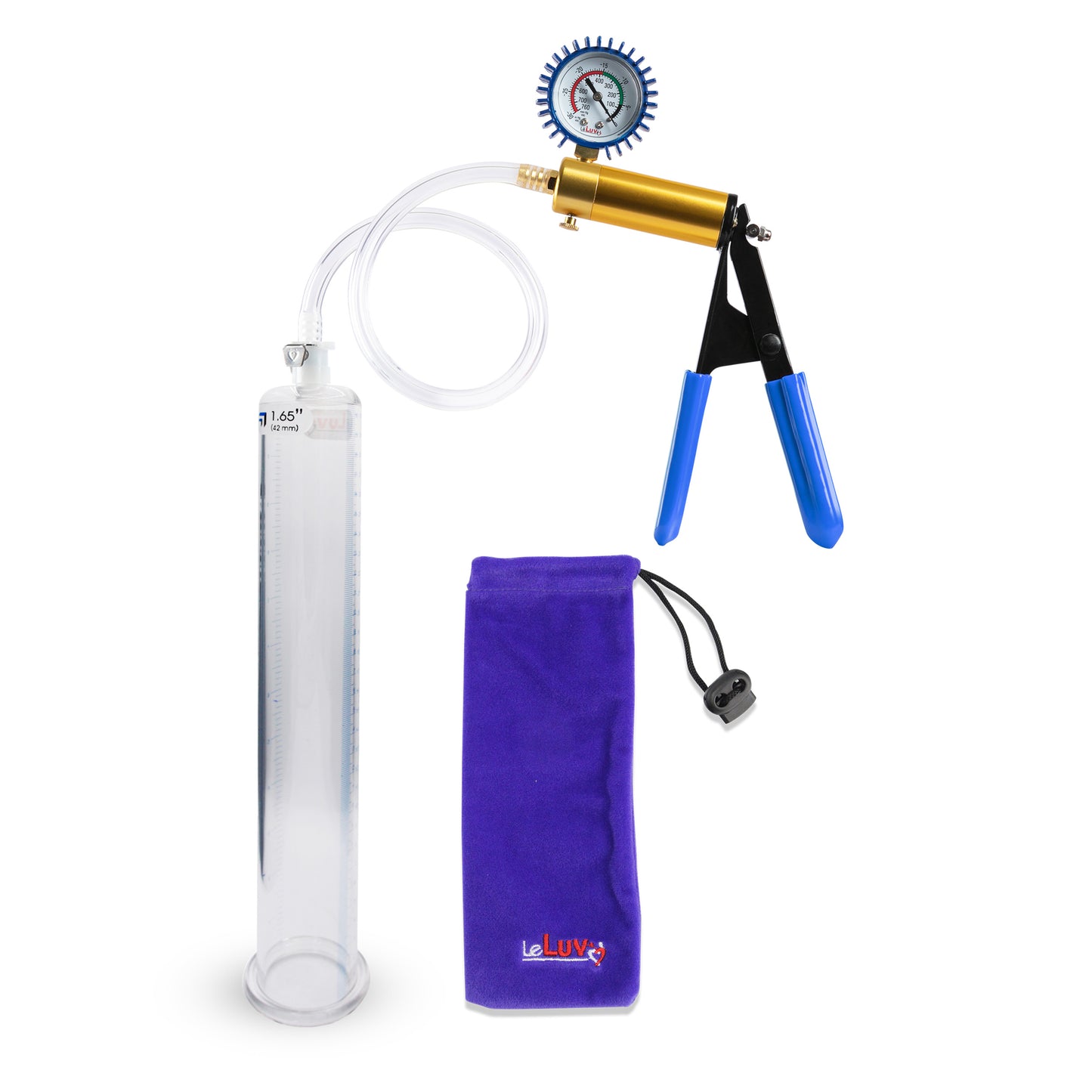 Ultima Brass Blue Rubber Grip, Clear Hose | Penis Pump + Protected Gauge | 12" x 1.65" Cylinder 