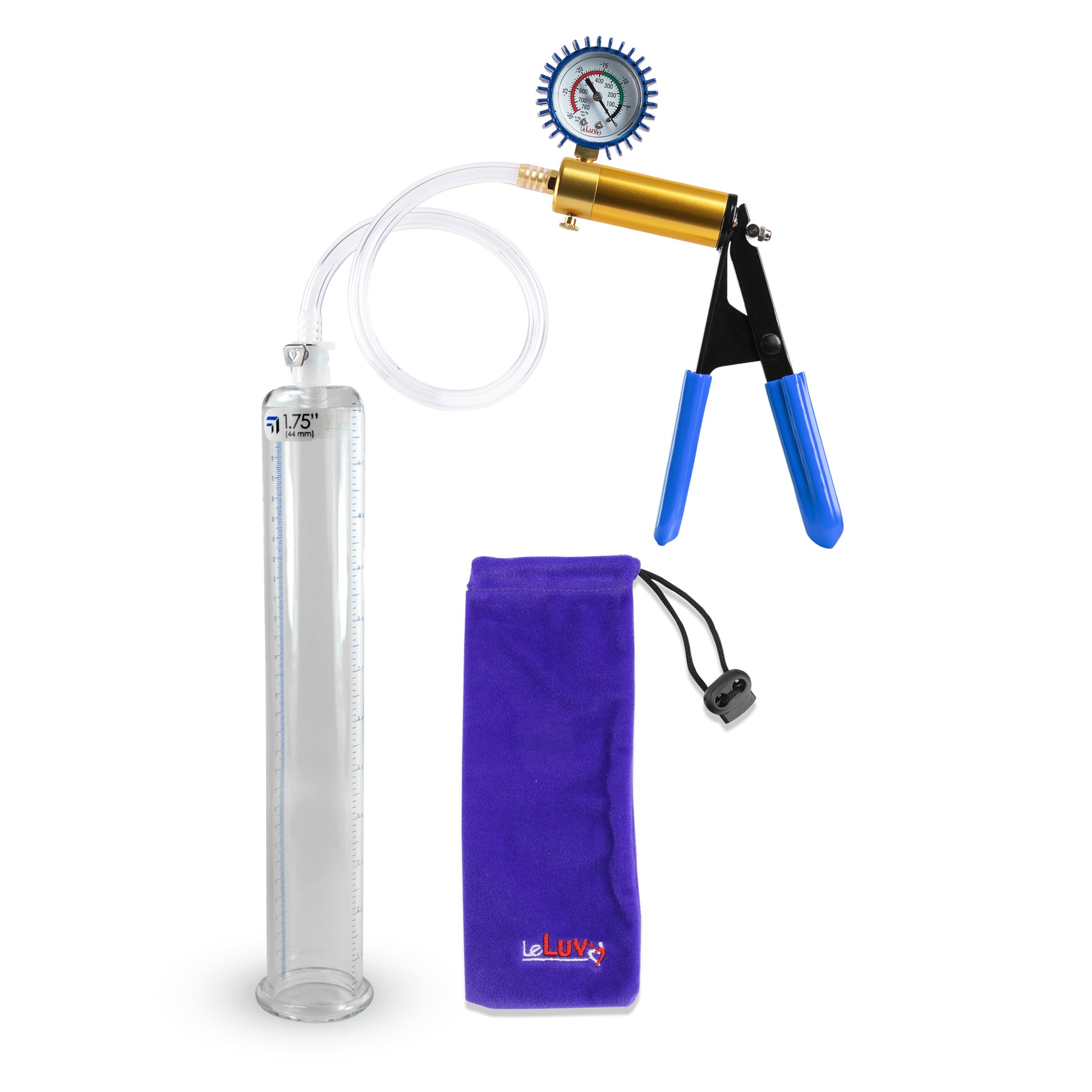 Ultima Brass Blue Rubber Grip, Clear Hose | Penis Pump + Protected Gauge | 12" x 1.75"