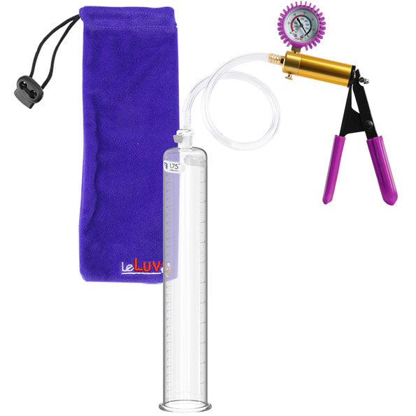 LeLuv® Brass Ultima Penis Pump - Purple Rubber Grips, Clear Hose with Round Flange Cylinder - Choose Length & Diameter