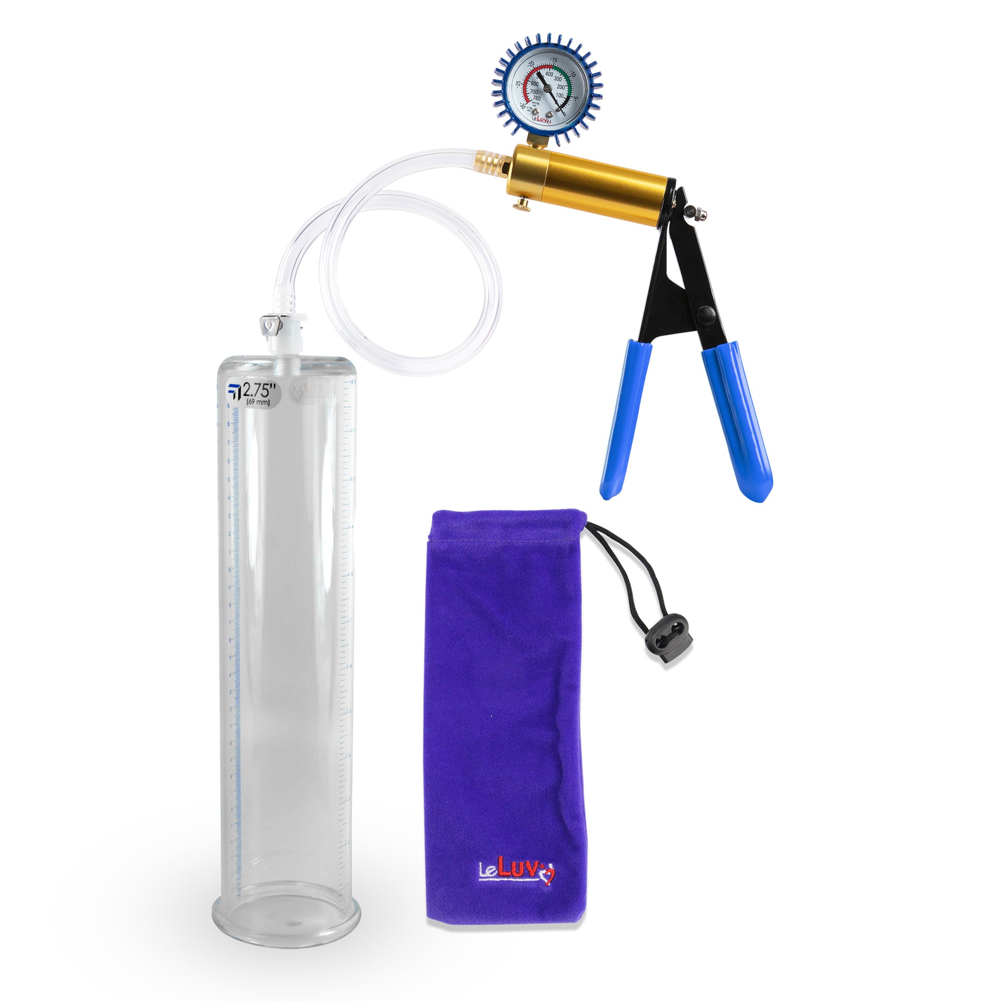 Ultima Brass Blue Rubber Grip, Clear Hose | Penis Pump + Protected Gauge | 12" x 2.75"