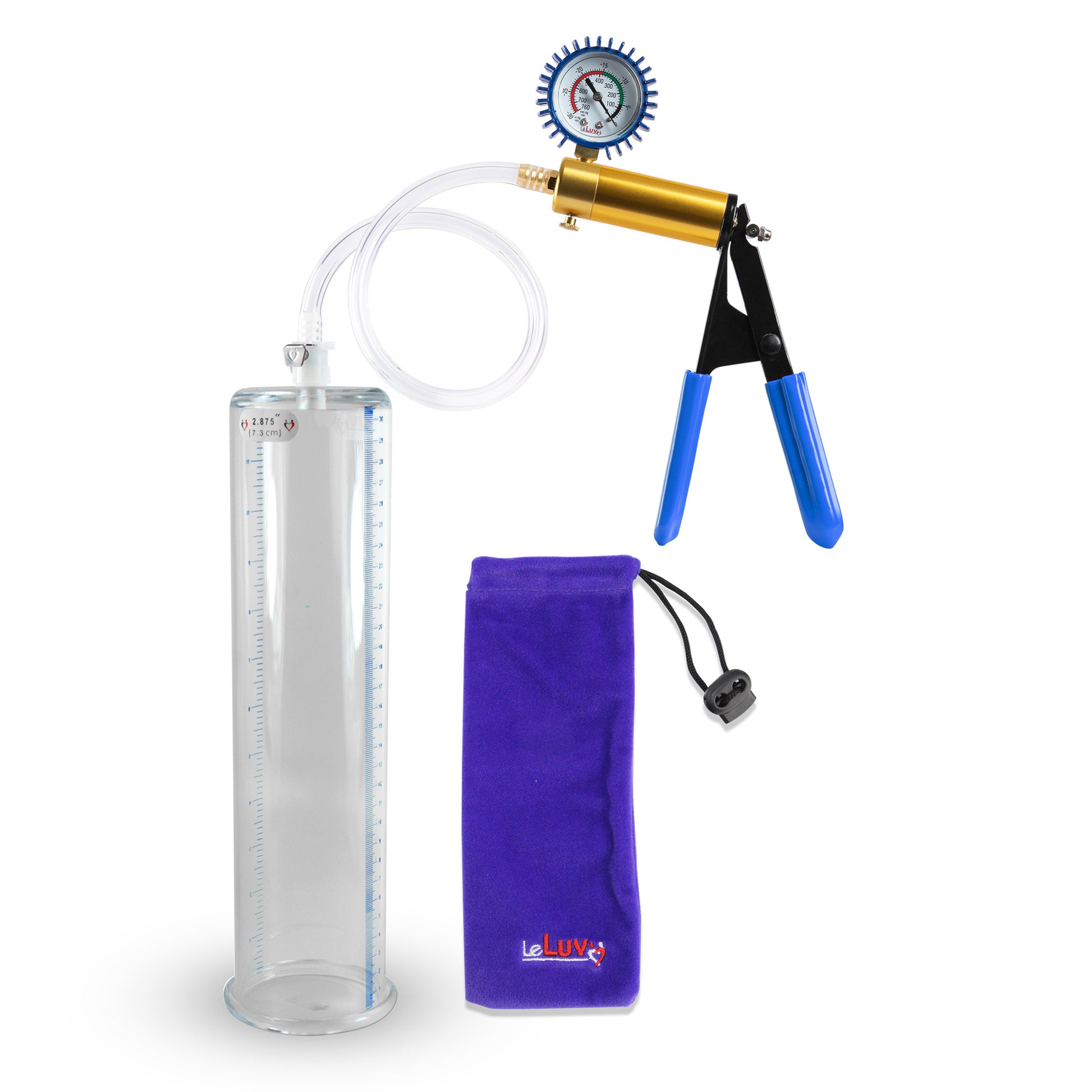 Ultima Brass Blue Rubber Grip, Clear Hose | Penis Pump + Protected Gauge | 12" x 2.875"
