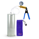 Ultima Brass Blue Rubber Grip, Clear Hose | Penis Pump + Protected Gauge | 12" x 4.10" Cylinder 