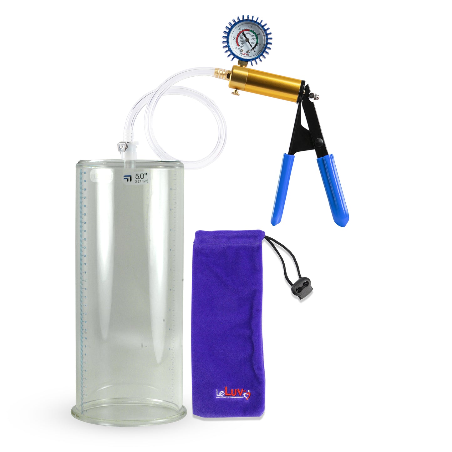 Ultima Brass Blue Rubber Grip, Clear Hose | Penis Pump + Protected Gauge | 12" x 5.00" Cylinder 