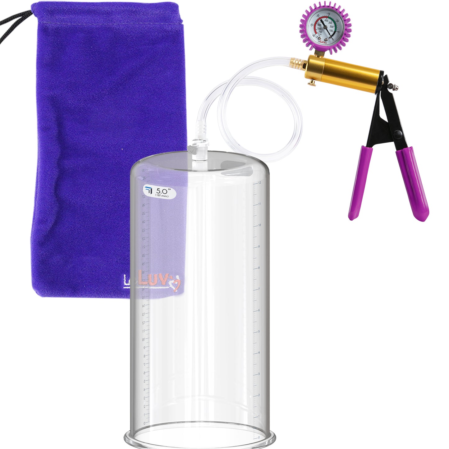 ULTIMA Purple Penis Pump Rubber Grips, Clear Hose + Gauge & Cover 9" Length 5.00" Diameter