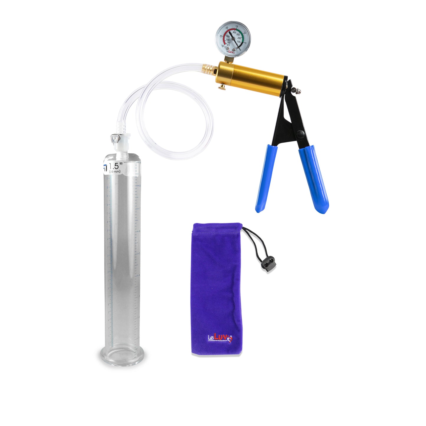 Ultima Brass Blue Rubber Grip, Clear Hose | Penis Pump + Gauge | 9" x 1.50" Cylinder