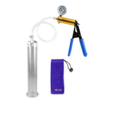 Ultima Brass Blue Rubber Grip, Clear Hose | Penis Pump + Gauge | 9" x 1.50" Cylinder