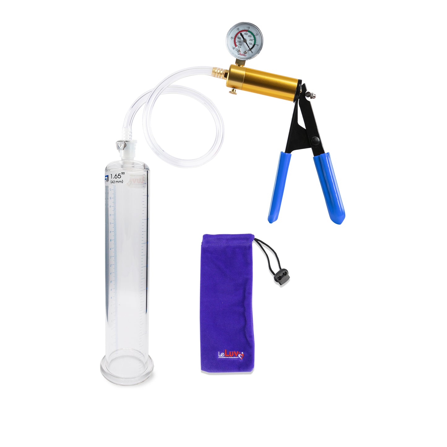 Ultima Brass Blue Rubber Grip, Clear Hose | Penis Pump + Gauge | 9" x 1.65" Cylinder 