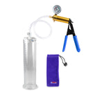 Ultima Brass Blue Rubber Grip, Clear Hose | Penis Pump + Gauge | 9" x 2.25" Cylinder