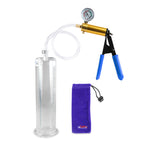 Ultima Brass Blue Rubber Grip, Clear Hose | Penis Pump + Gauge | 9" x 2.50" Cylinder