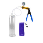Ultima Brass Blue Rubber Grip, Clear Hose | Penis Pump + Gauge | 9" x 2.75" Cylinder