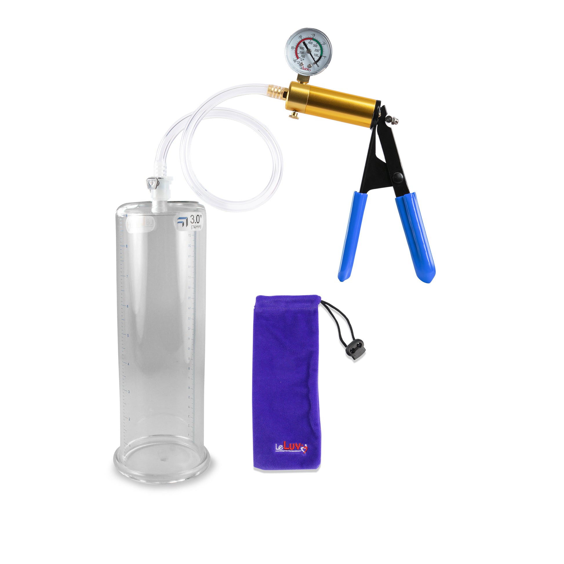 Ultima Brass Blue Rubber Grip, Clear Hose | Penis Pump + Gauge | 9" x 3.00" Cylinder