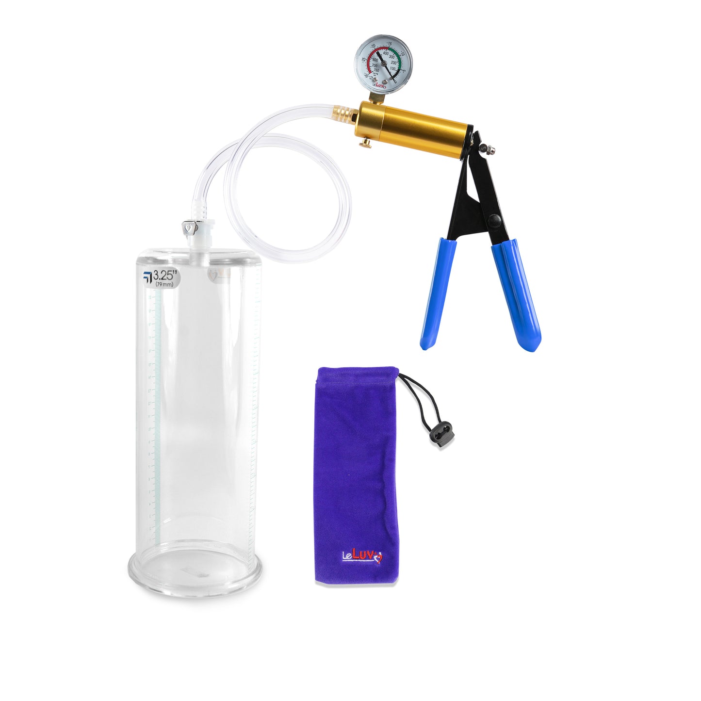 Ultima Brass Blue Rubber Grip, Clear Hose | Penis Pump + Gauge | 9" x 3.25" Cylinder