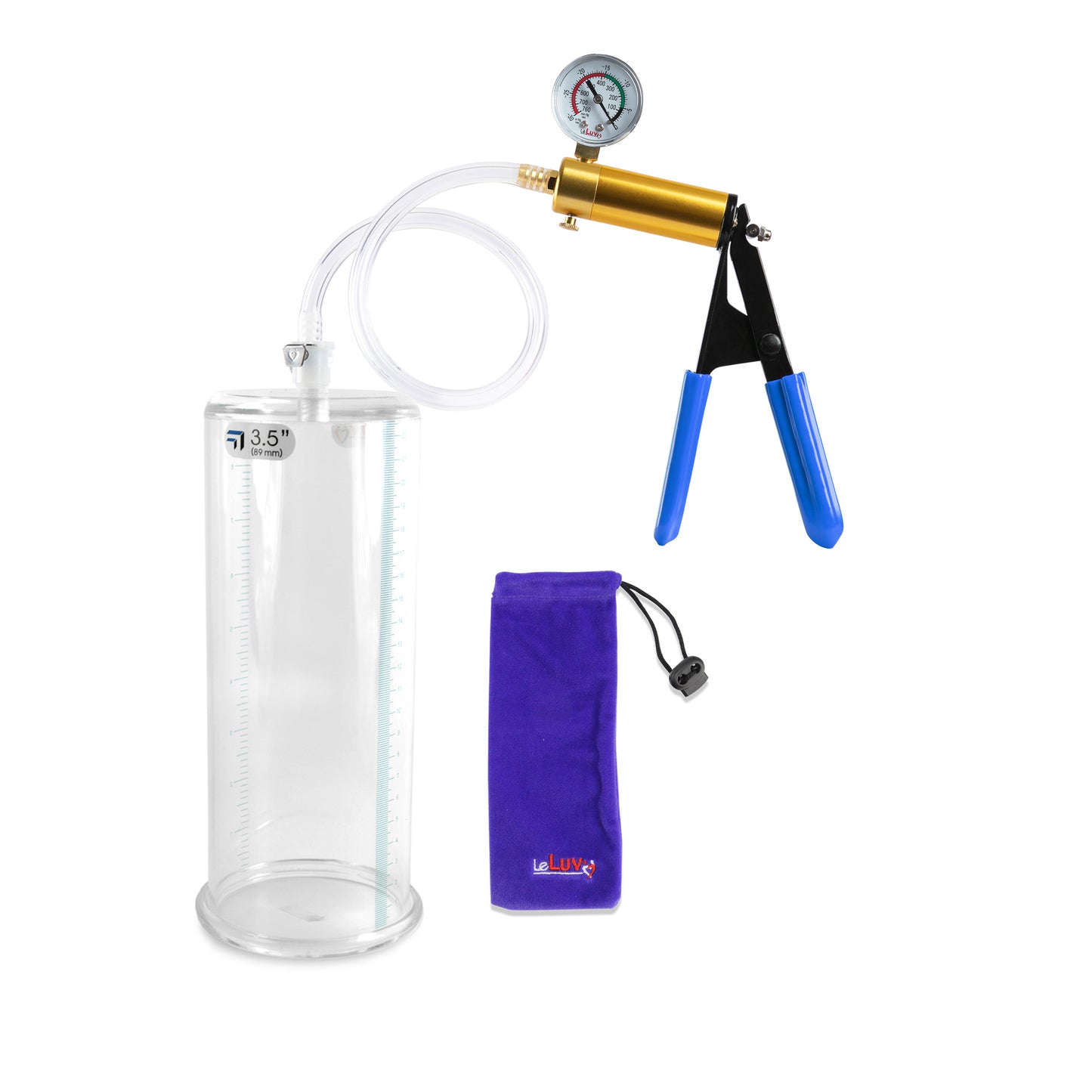 Ultima Brass Blue Rubber Grip, Clear Hose | Penis Pump + Gauge | 9" x 3.50" Cylinder