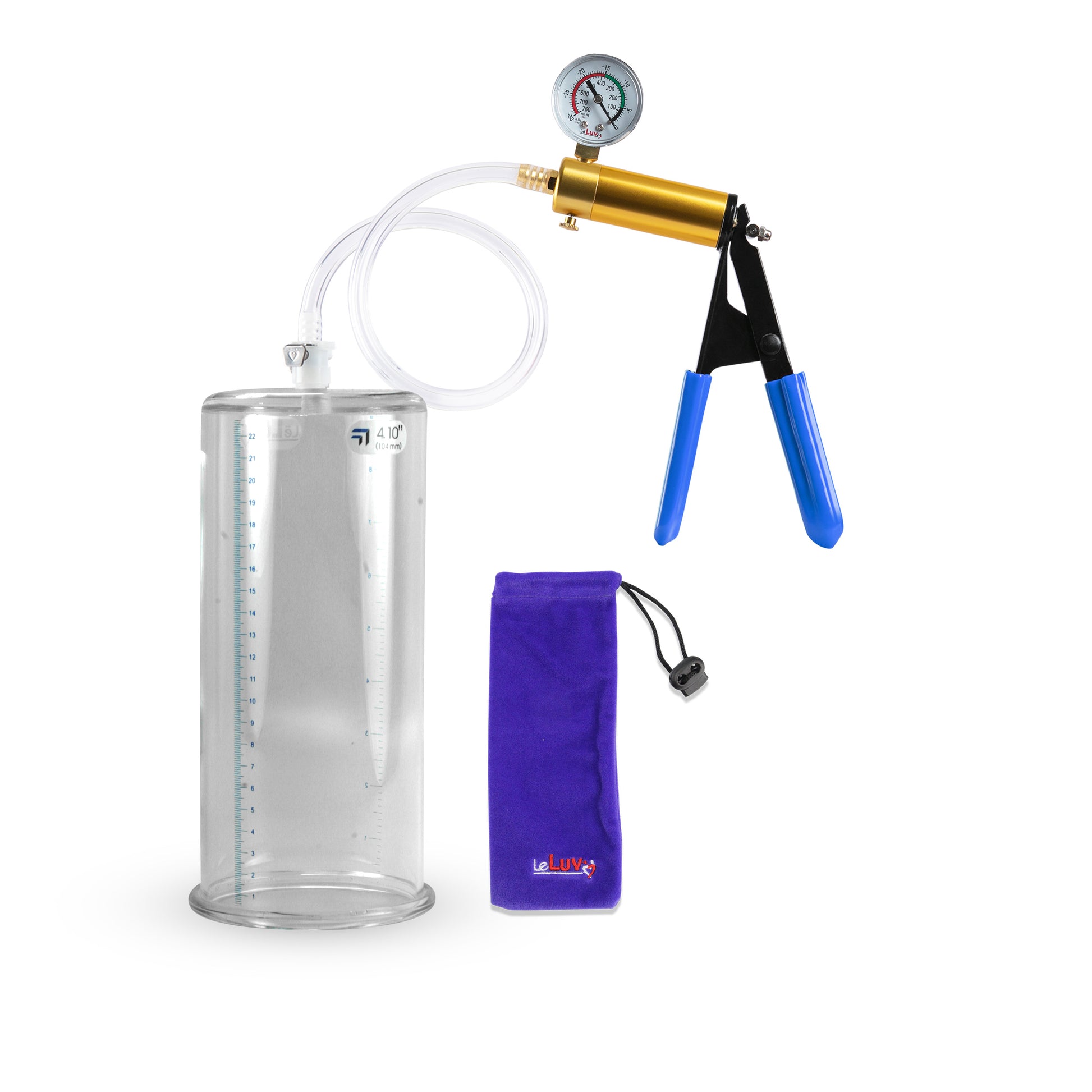Ultima Brass Blue Rubber Grip, Clear Hose | Penis Pump + Gauge | 9" x 4.10" Cylinder 