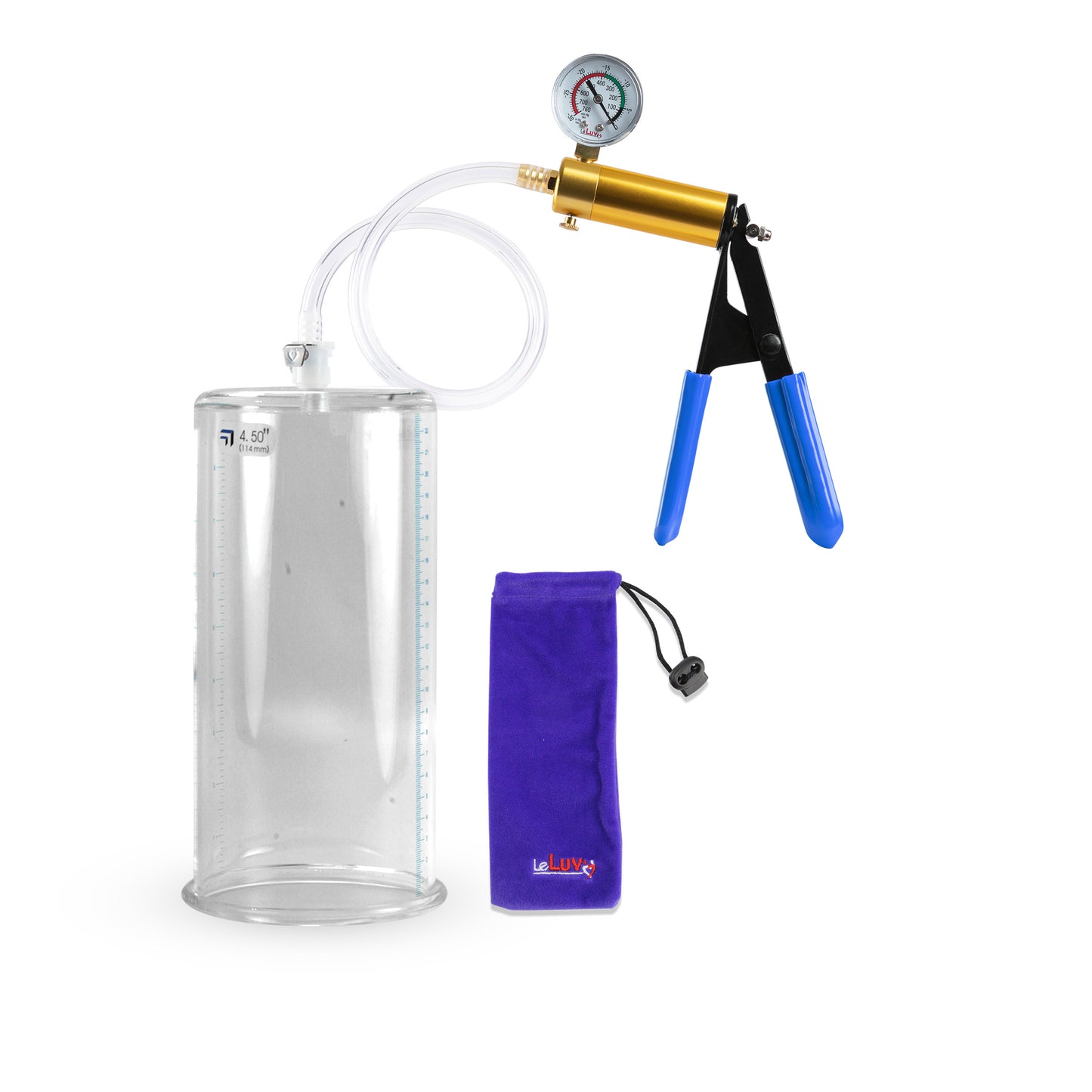 Ultima Brass Blue Rubber Grip, Clear Hose | Penis Pump + Gauge | 9" x 4.50" Cylinder 