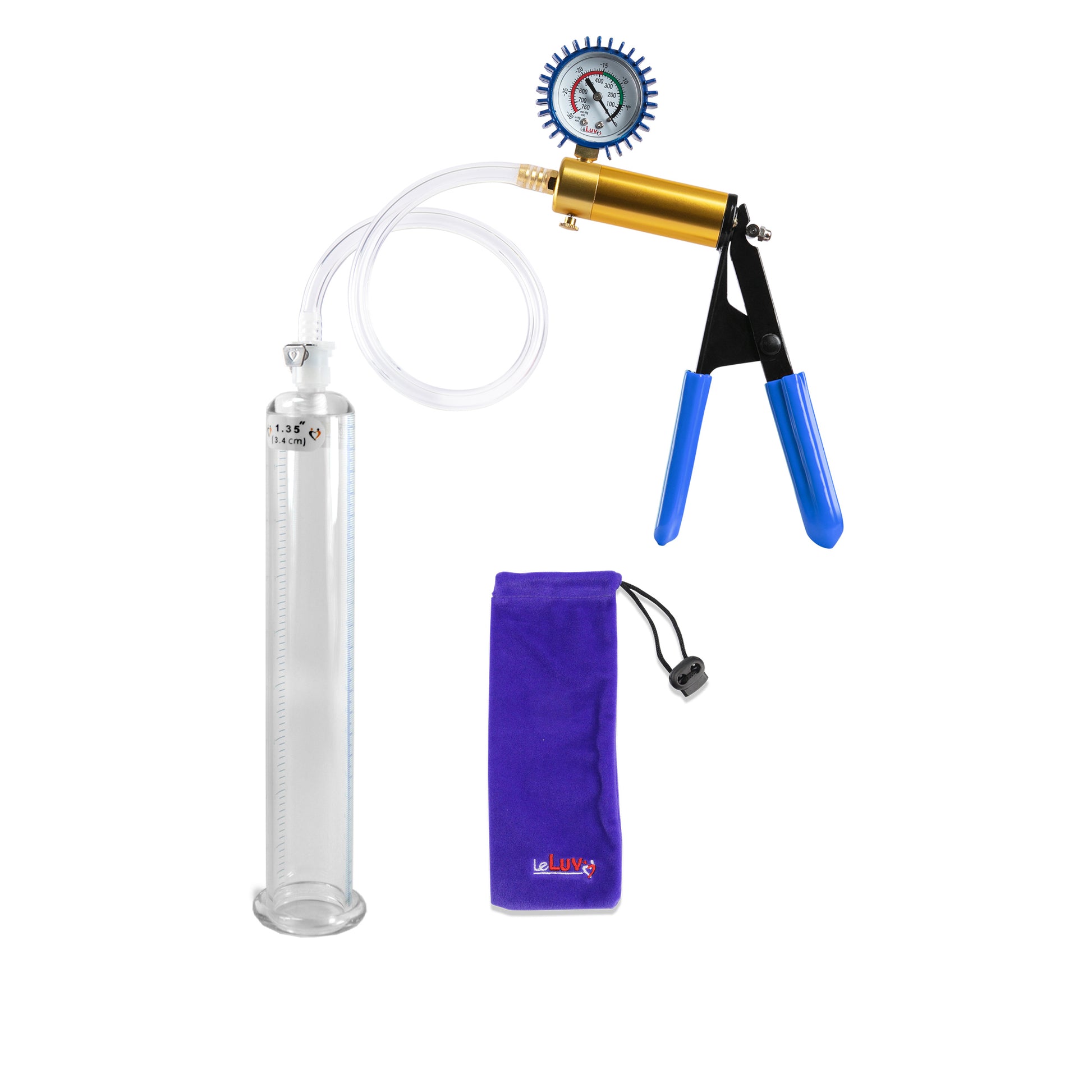 Ultima Brass Blue Rubber Grip, Clear Hose | Penis Pump + Protected Gauge | 9" x 1.35"