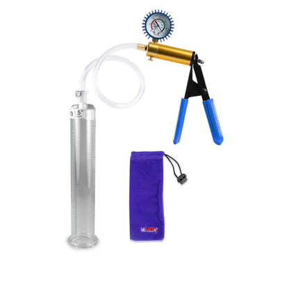 Ultima Brass Blue Rubber Grip, Clear Hose | Penis Pump + Protected Gauge | 9" x 1.50"