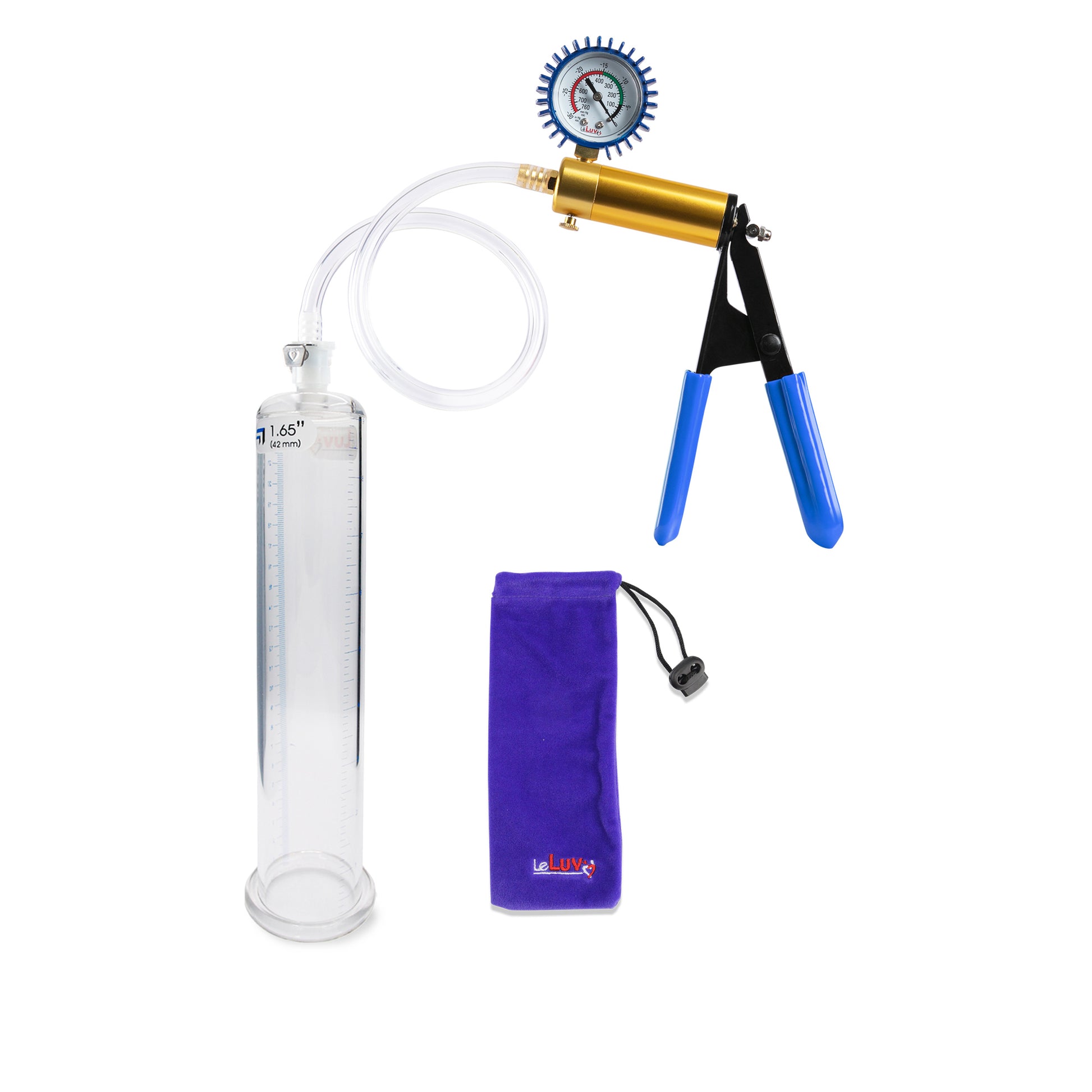 Ultima Brass Blue Rubber Grip, Clear Hose | Penis Pump + Protected Gauge | 9" x 1.65" Cylinder 