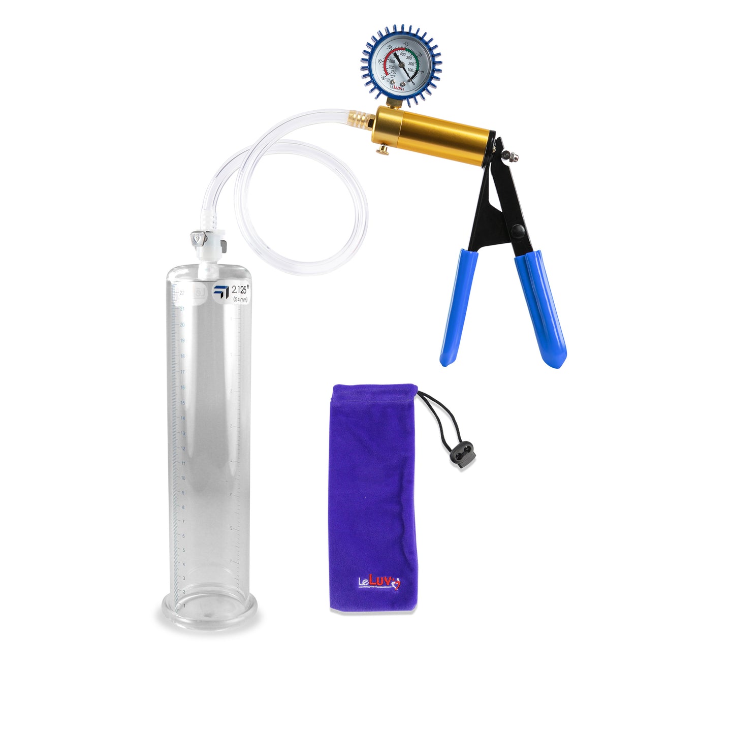 Ultima Brass Blue Rubber Grip, Clear Hose | Penis Pump + Protected Gauge | 9" x 2.125"