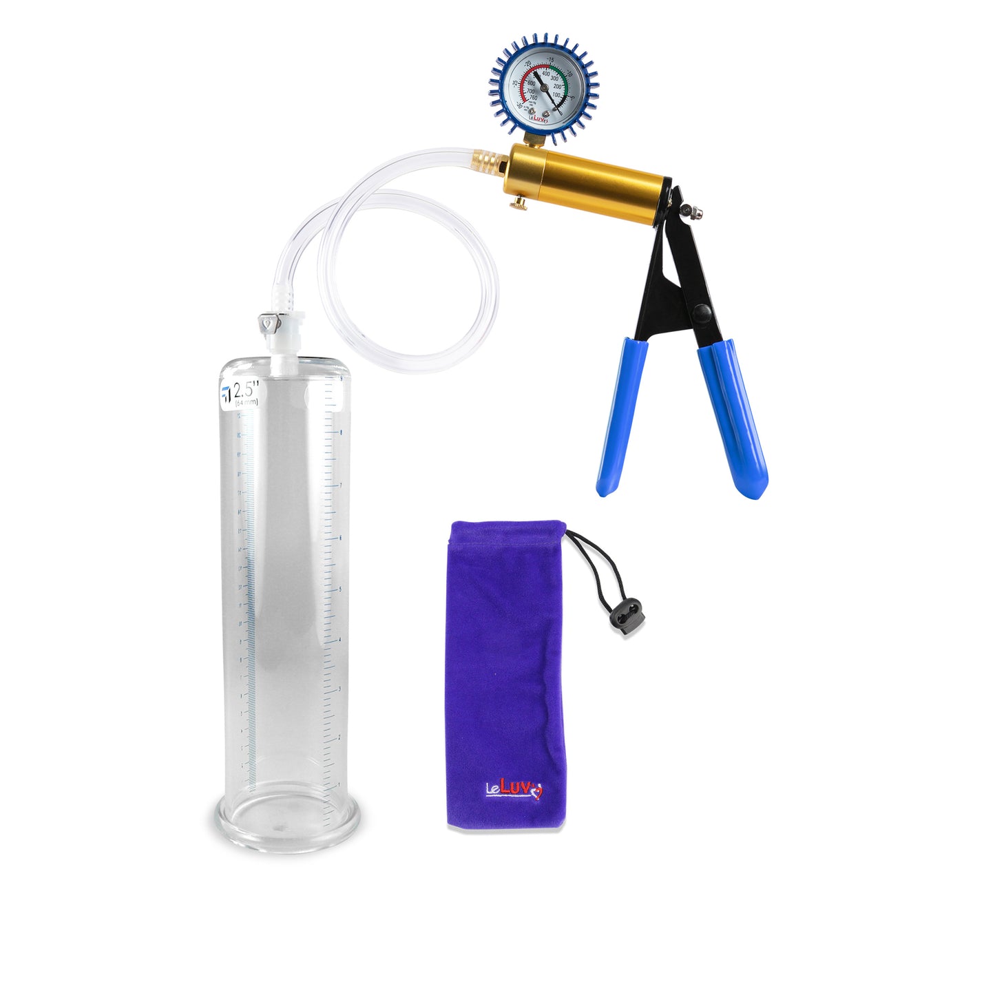 Ultima Brass Blue Rubber Grip, Clear Hose | Penis Pump + Protected Gauge | 9" x 2.50"