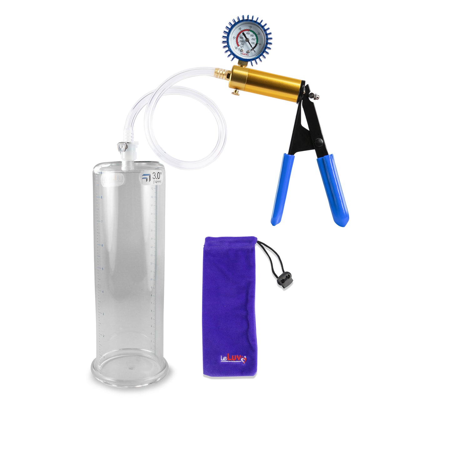 Ultima Brass Blue Rubber Grip, Clear Hose | Penis Pump + Protected Gauge | 9" x 3.00"
