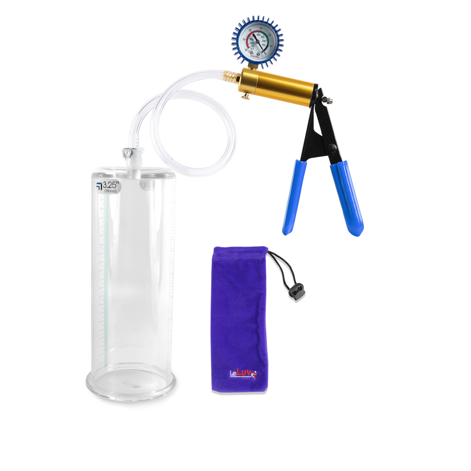 Ultima Brass Blue Rubber Grip, Clear Hose | Penis Pump + Protected Gauge | 9" x 3.25"
