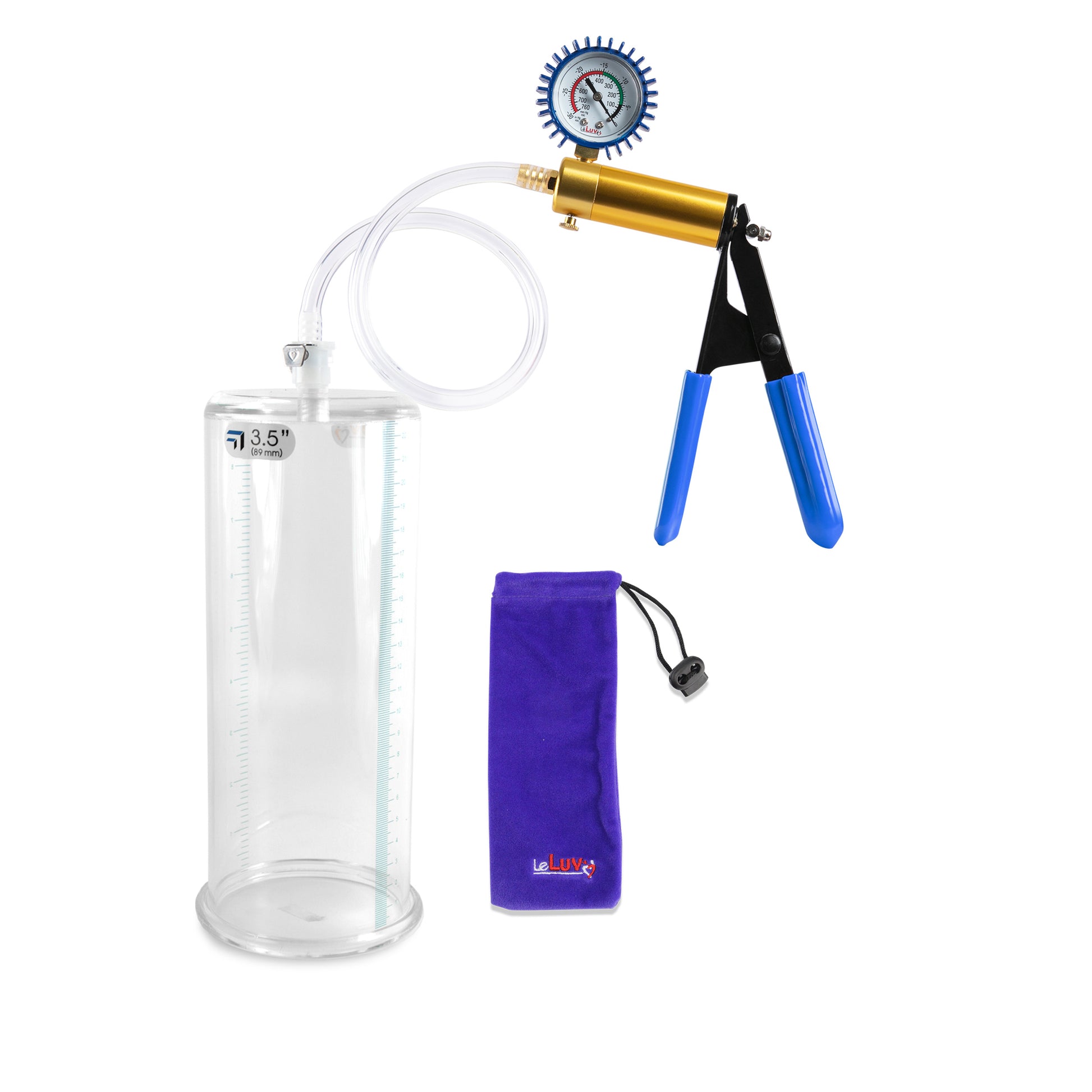 Ultima Brass Blue Rubber Grip, Clear Hose | Penis Pump + Protected Gauge | 9" x 3.50"