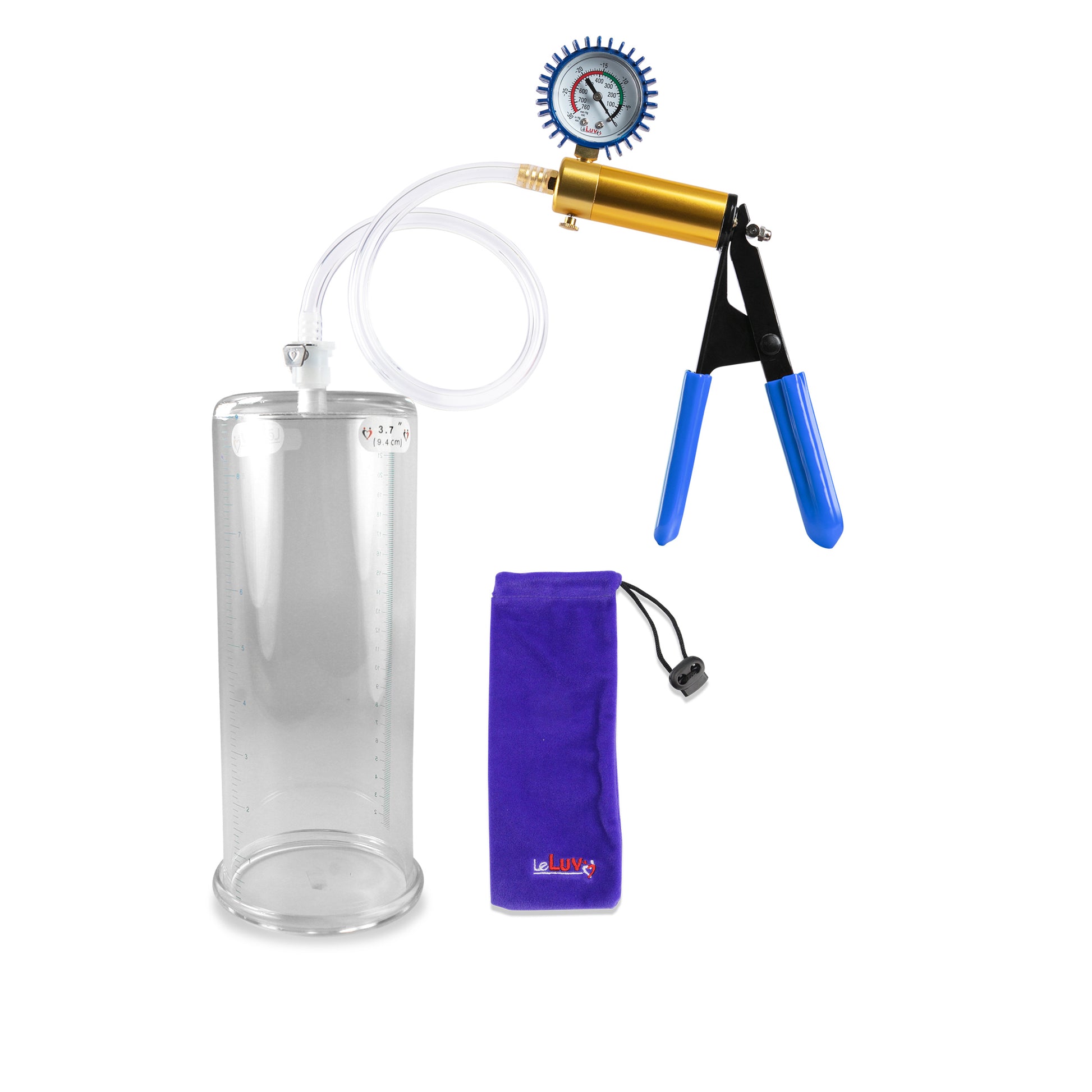 Ultima Brass Blue Rubber Grip, Clear Hose | Penis Pump + Protected Gauge | 9" x 3.70"