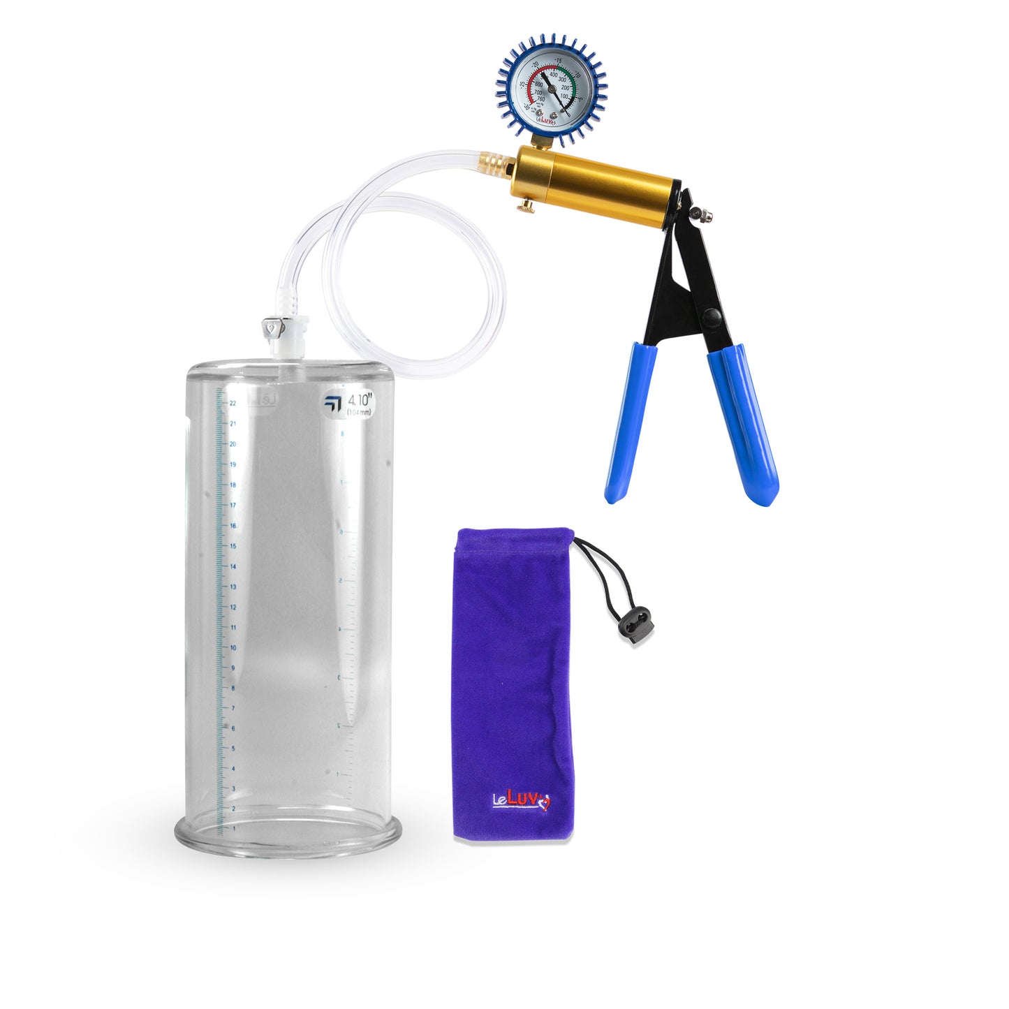 Ultima Brass Blue Rubber Grip, Clear Hose | Penis Pump + Protected Gauge | 9" x 4.10" Cylinder 