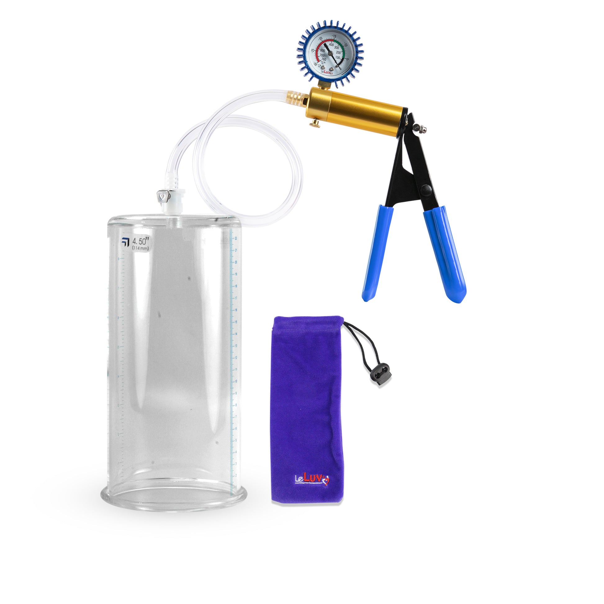 Ultima Brass Blue Rubber Grip, Clear Hose | Penis Pump + Protected Gauge | 9" x 4.50" Cylinder 