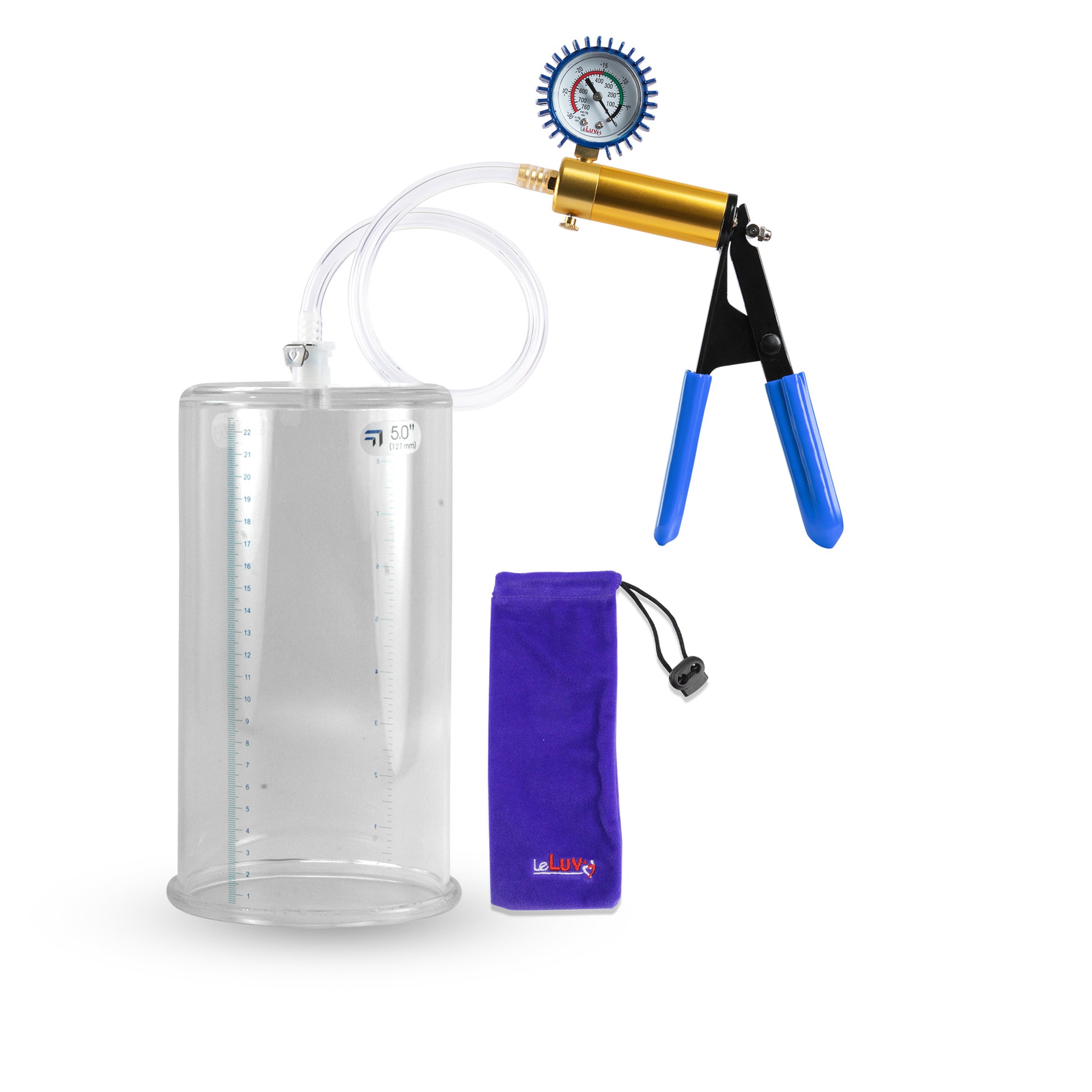 Ultima Brass Blue Rubber Grip, Clear Hose | Penis Pump + Protected Gauge | 9" x 5.00" Cylinder 