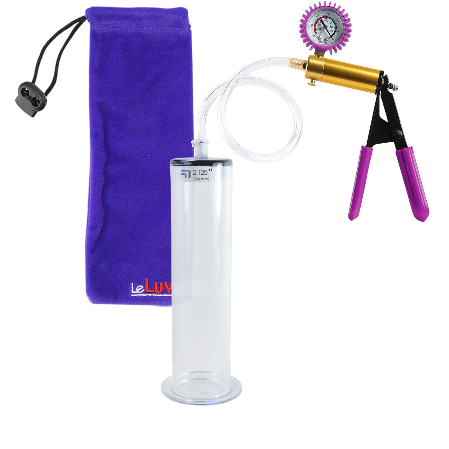 ULTIMA Purple Penis Pump Rubber Grips, Clear Hose with Gauge & Cover 9" Length - 2.125" Diameter Wide Flange Cylinder