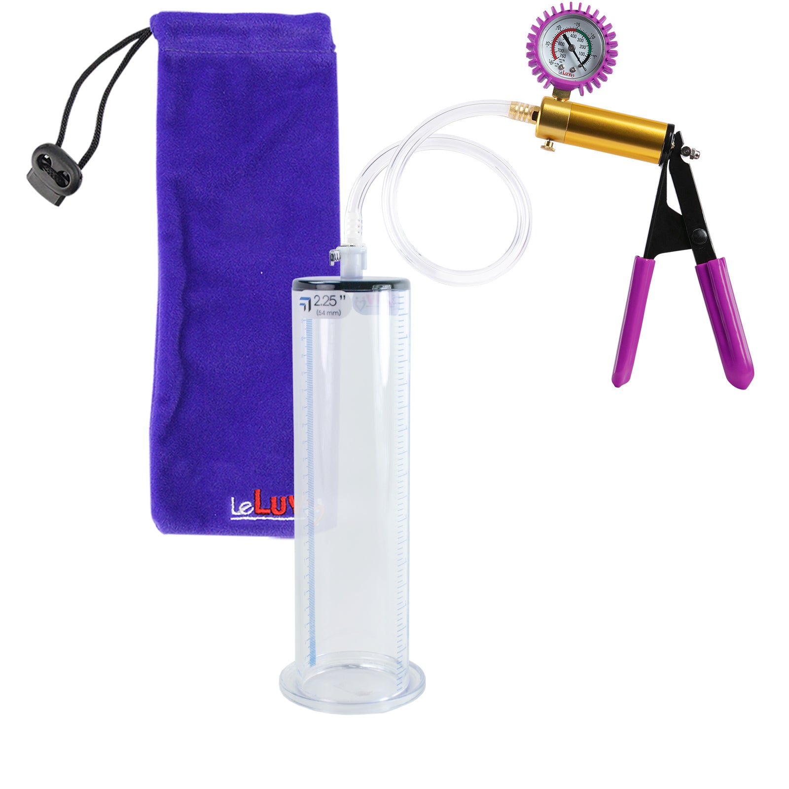 LeLuv® Brass Ultima Penis Pump - Purple Rubber Grips, Clear Hose with Wide Flange Cylinder - Choose Length & Diameter