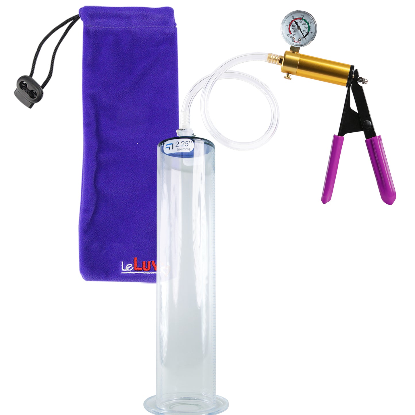 ULTIMA Purple Penis Pump Rubber Grips, Clear Hose with Gauge 12" Length - 2.25" Diameter Wide Flange Cylinder