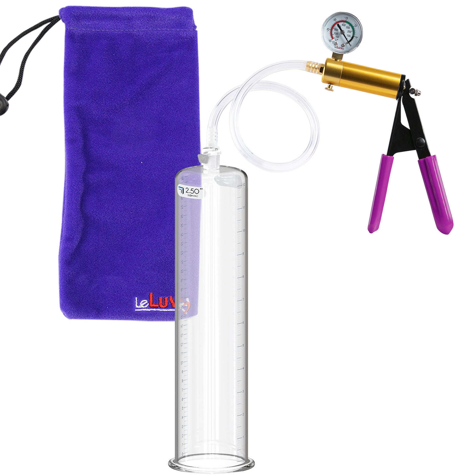 ULTIMA Purple Penis Pump Rubber Grips, Clear Hose with Gauge 12" x 2.50" Cylinder Diameter