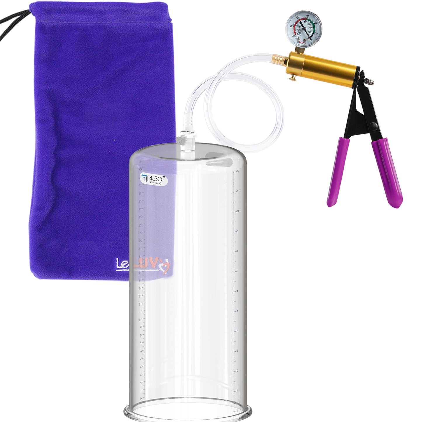 ULTIMA Purple Penis Pump Rubber Grips, Clear Hose with Gauge 12" x 4.50" Cylinder Diameter