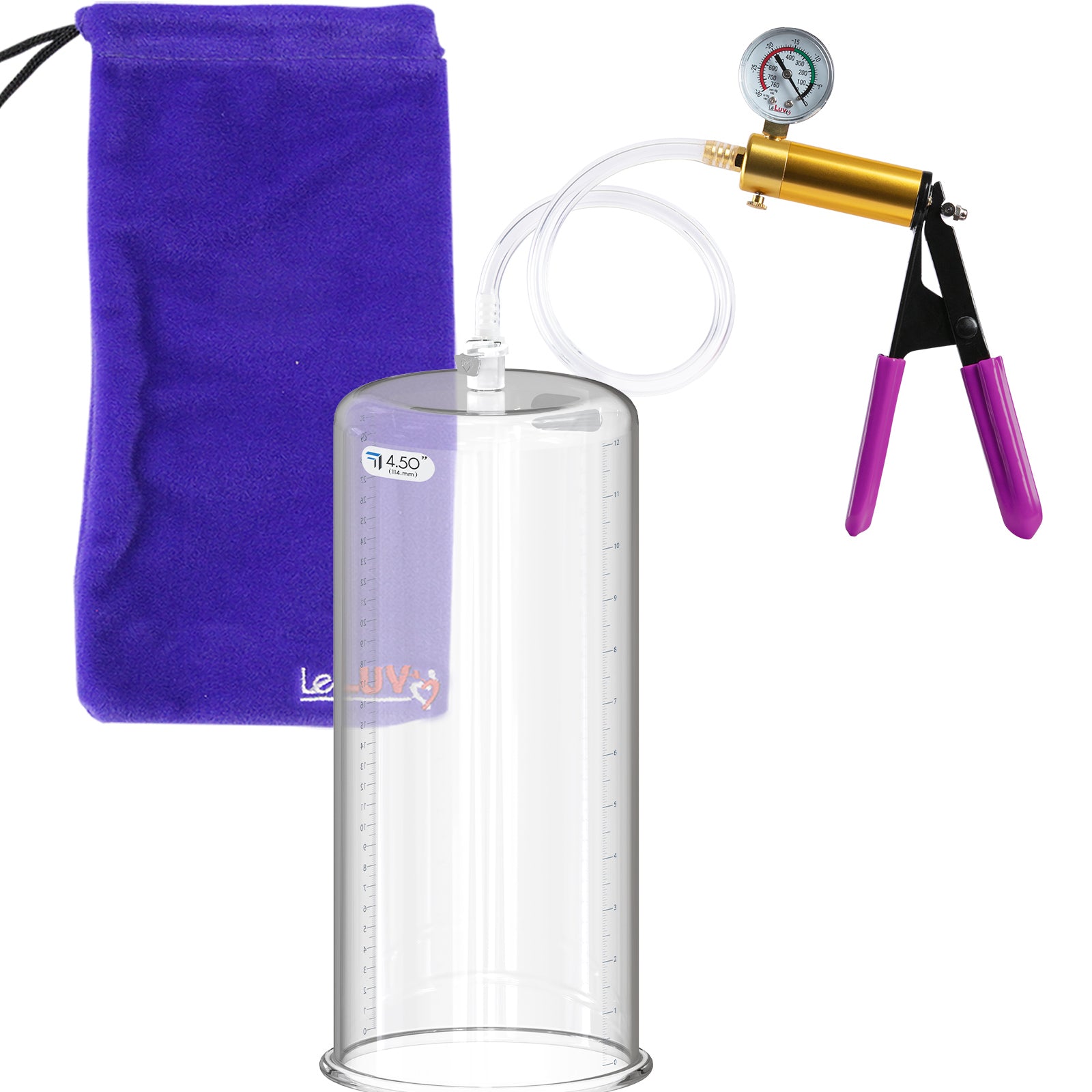 ULTIMA Purple Penis Pump Rubber Grips, Clear Hose with Gauge 12" x 4.50" Cylinder Diameter