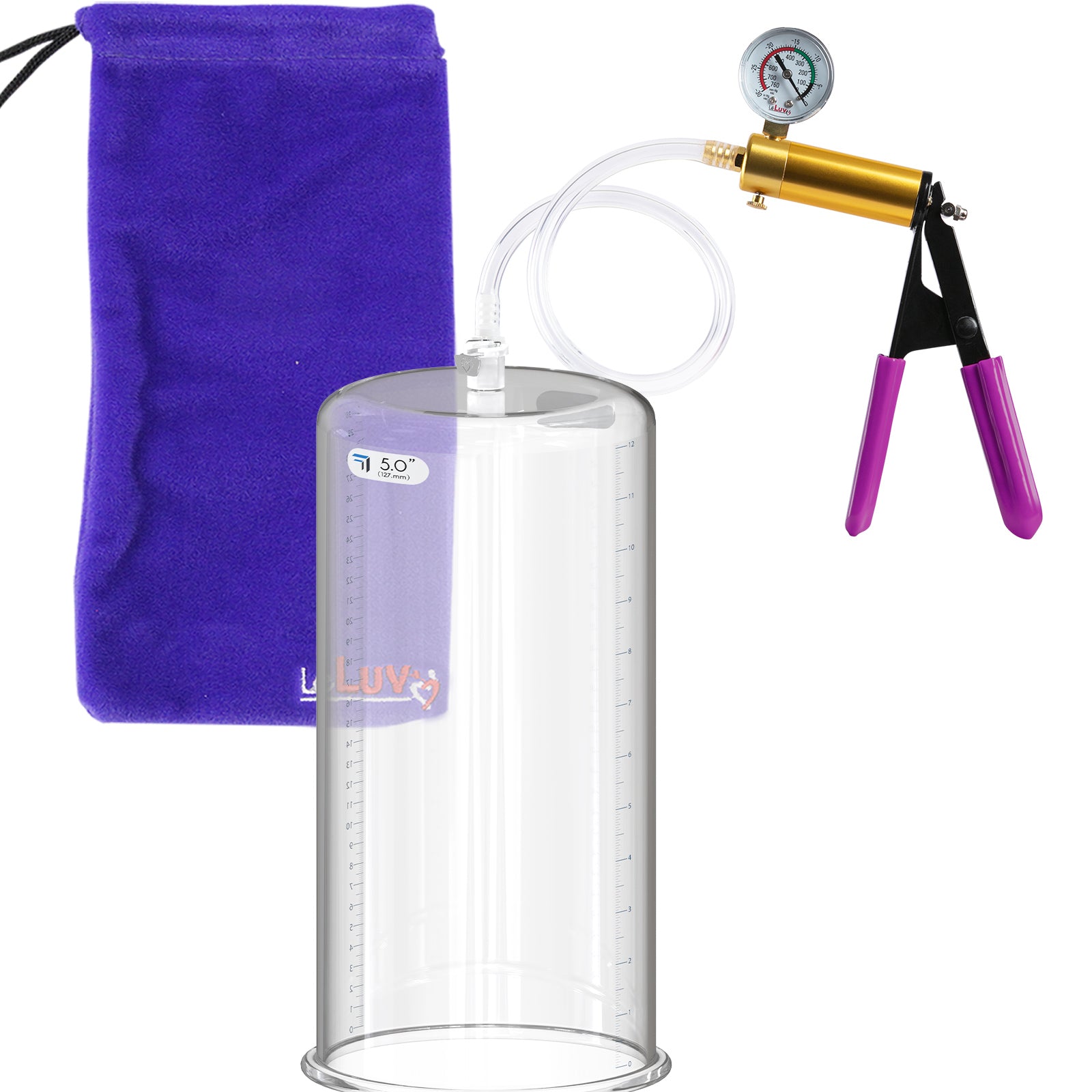 ULTIMA Purple Penis Pump Rubber Grips, Clear Hose with Gauge 12" x 5.00" Cylinder Diameter