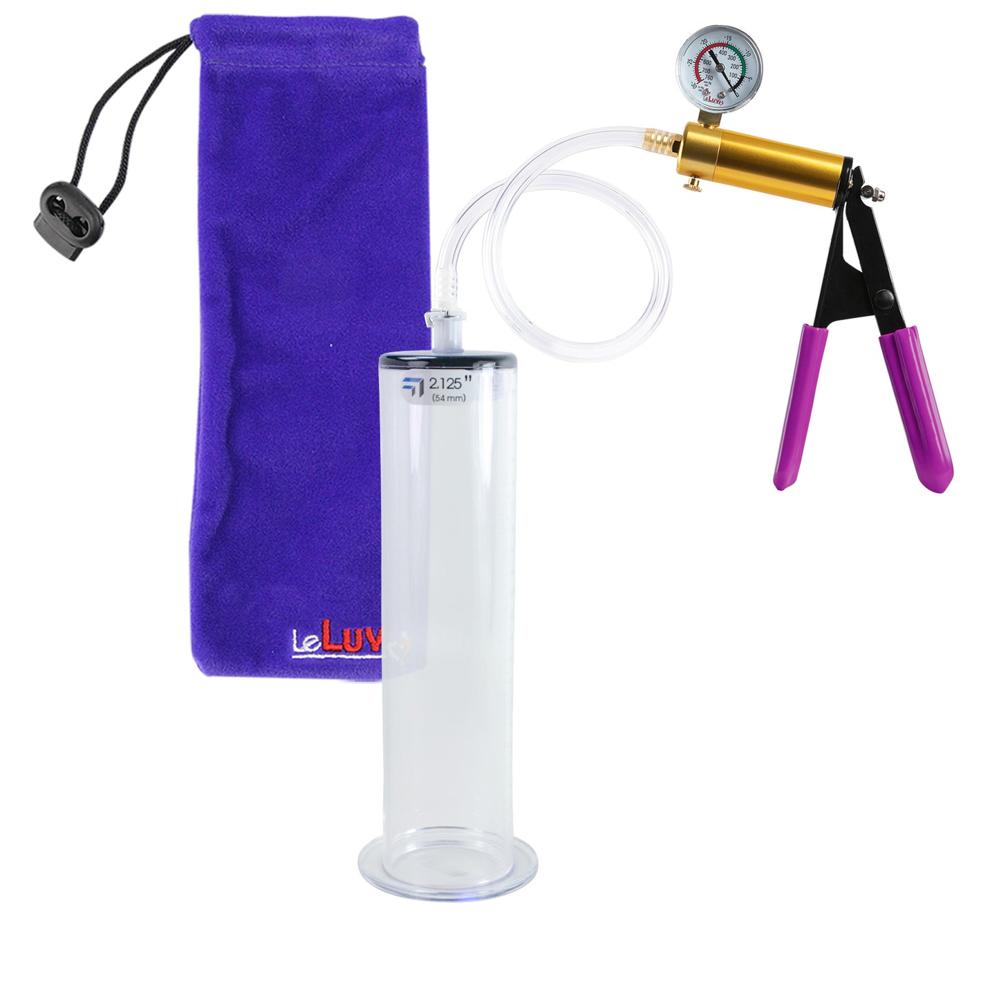 ULTIMA Purple Penis Pump Rubber Grips, Clear Hose with Gauge 9" Length - 2.125" Diameter Wide Flange Cylinder
