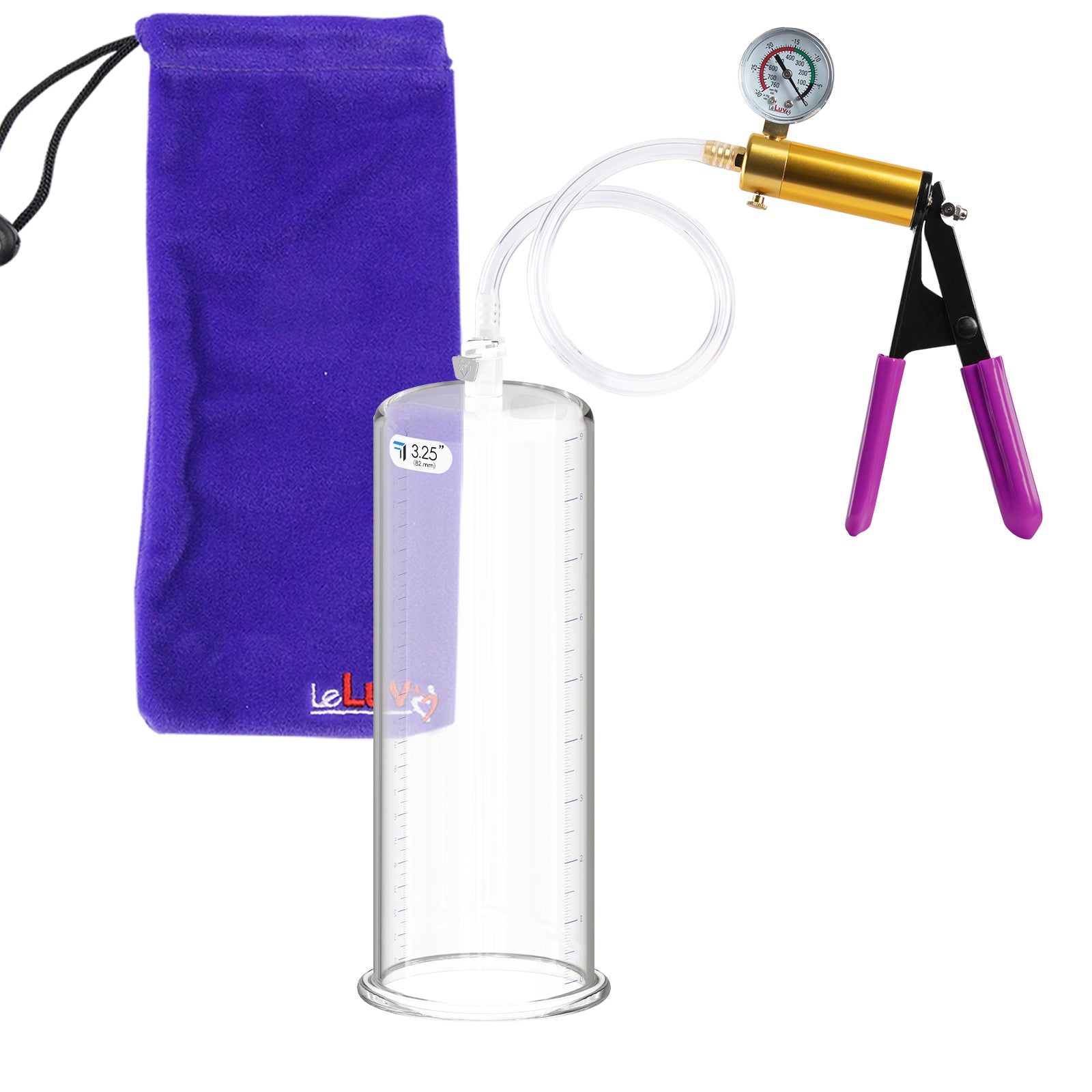 ULTIMA Purple Penis Pump Rubber Grips, Clear Hose with Gauge  3.25" Cylinder Diameter
