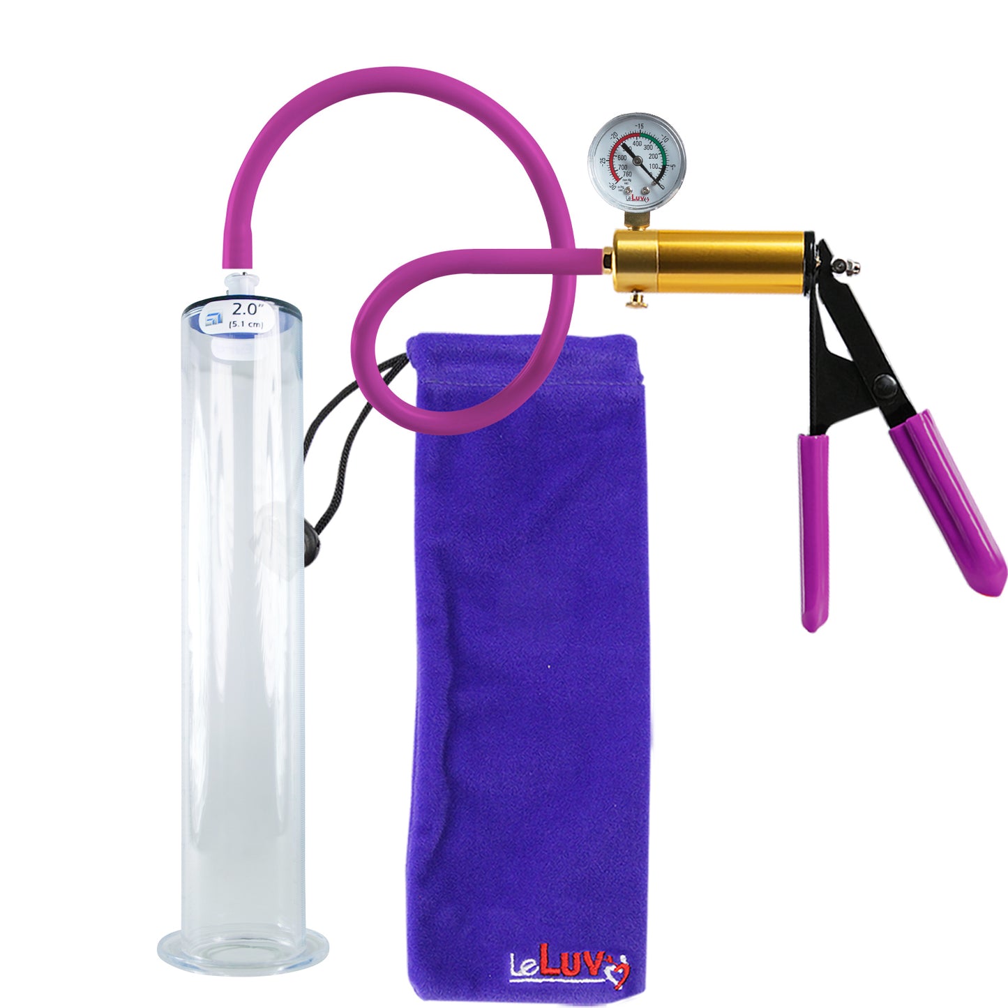 Ultima Brass Purple Penis Pump | Rubber Grip, Silicone Hose + Gauge | 12" Length - 2.00" Diameter WIDE FLANGE Cylinder