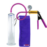 Ultima Brass Purple Penis Pump | Rubber Grip, Silicone Hose + Gauge | 12" Length - 2.25" Diameter WIDE FLANGE Cylinder