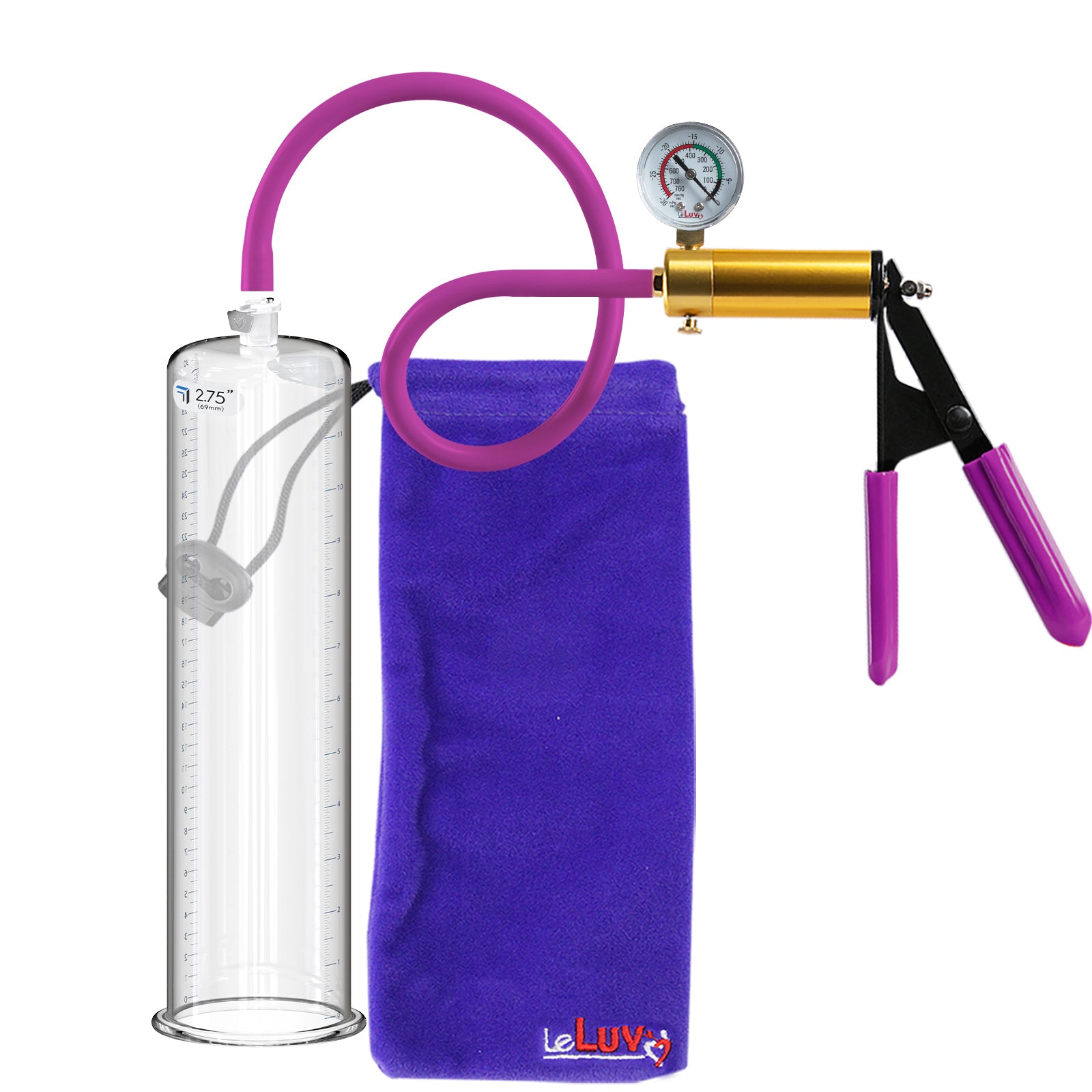 Ultima Brass Purple Penis Pump | Rubber Grip, Silicone Hose + Gauge | 12" Length x 2.75" Cylinder Diameter