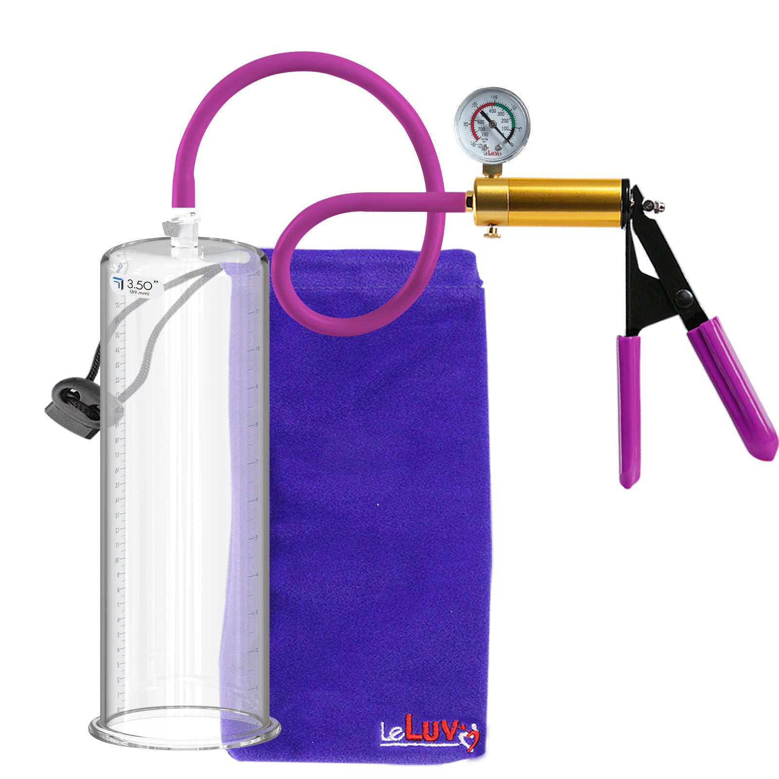 Ultima Brass Purple Penis Pump | Rubber Grip, Silicone Hose + Gauge | 12" Length x 3.50" Cylinder Diameter